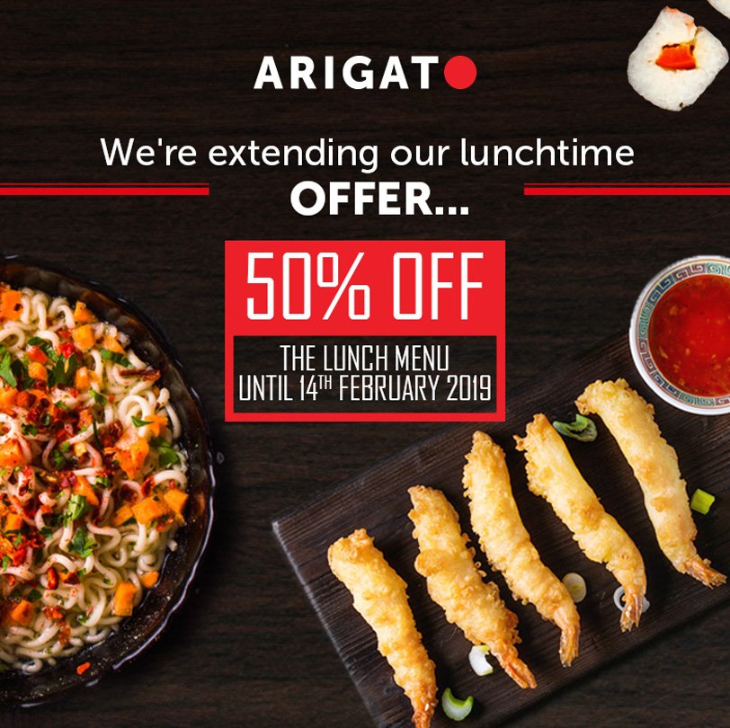 ArigatoDining's tweet photo. WE'VE GOT SOME NEWS...
We're extending our 50% off the lunchtime menu offer!
It's been so positively received, the team at Arigato would like to thank you all by extending the offer until the 14th February. https://t.co/PFjHfy6u9t