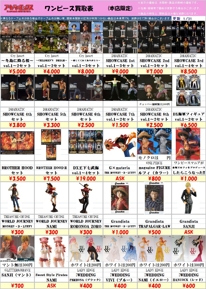 エックス秋葉原本店 プライズ強化買取表 アキバのエックス本店ではワンピースプライズフィギュアを買い取り 中 また popやフィギュアーツzeroも強化買い取り中です 本店限定の提示価格となりますのでご注意下さい 価格は変動する場合がござい エックス秋葉原本店 プライズ強化買取表 アキバのエックス本店ではワンピースプライズフィギュアを買い取り 中 また popやフィギュアーツzeroも強化買い取り中です 本店限定の提示価格となりますのでご注意下さい 価格は変動する場合がござい