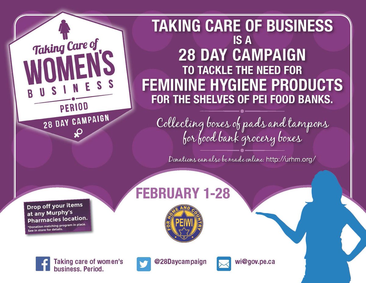 Today it begins! #PEI Women’s Institute’s 28 Day Campaign. Give the gift of dignity. <a href="/mitchcormierCBC/">Mitch Cormier</a> <a href="/Ocean100News/">Ocean 100 News</a> <a href="/cfcy/">95.1 FM CFCY</a> <a href="/TheHOT1055/">HOT 105.5</a> <a href="/PEIGuardian/">The Guardian</a> <a href="/JournalPEI/">Journal Pioneer</a> <a href="/SpudFM/">102 SPUD FM</a>