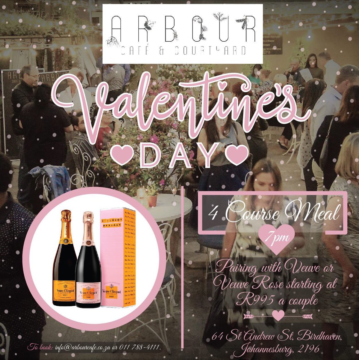ArbourCafe's tweet photo. Are you looking for Johannesburg’s best kept secret and to enjoy delicious @VeuveClicquot? 

Then click here https://t.co/31zJkuNZon and book below:

Email: info@arbourcafe.co.za or 
Call: 011 788-4111. 

#ArbourDelicious #VeuveClicquot #ValentinesDay https://t.co/JMqitGTAoO