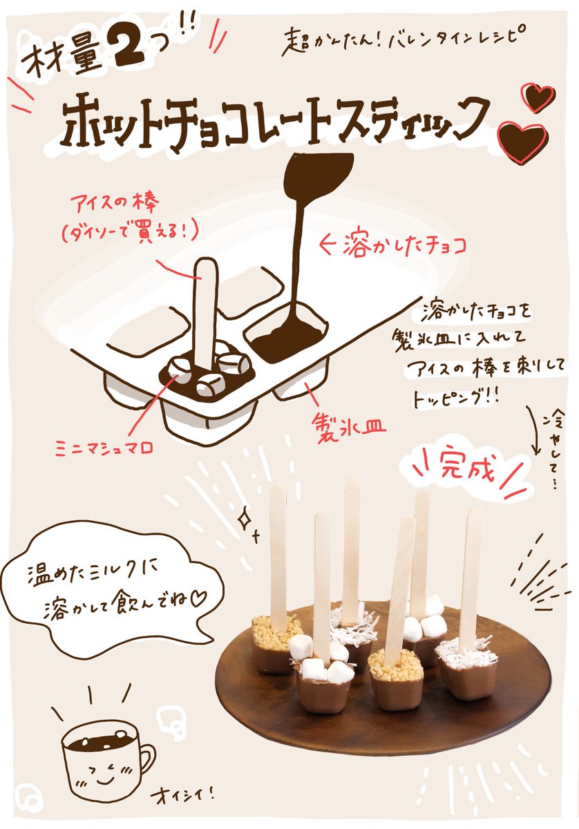 のが のがちゃんねる در توییتر 材料２つだけのホットチョコレートスティック ただの溶かして固めただけのチョコだでも ホット チョコレートにするとちょっとオシャレに見えませんか とても簡単なので忙しい方もバレンタインにぜひ 道具も全てダイソー