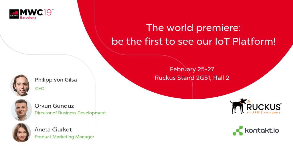 kontakt_io's tweet photo. Our end-to-end IoT Platform premieres during #mwc19. Make sure to pre schedule a meeting with our team at the @ruckusnetworks Stand 2G51, Hall 2. See you in Barcelona! #mwc19 #SimplifyingEnterpriseIoT
https://t.co/LFnnDjcXod https://t.co/cOMpmk5lp8