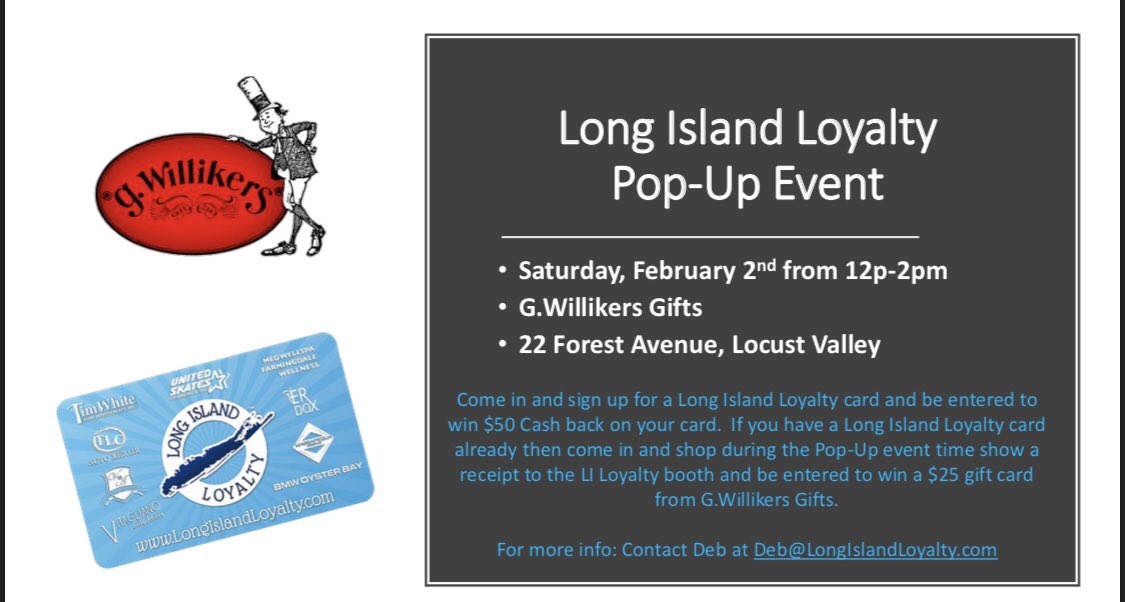 Event this Sat., Feb. 2 #LocustValley <a href="/LILoyalty/">Long Island Loyalty</a> <a href="/gwillikersgifts/">g. Willikers</a> facebook.com/events/1828874…