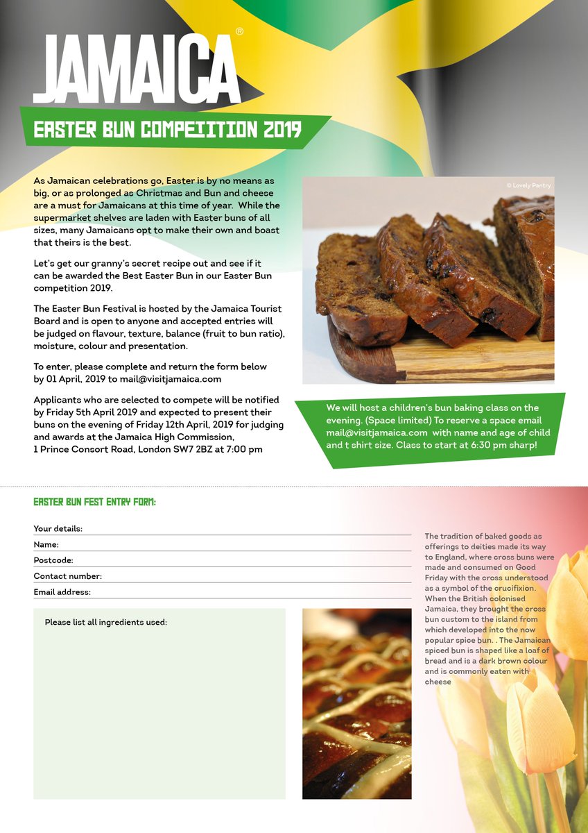 VisitJamaicaUK's tweet photo. #Competition: we're looking for the BEST Easter Bun in our Easter Bun Competition. Get your granny's secret recipe ready and enter for a chance to win great prizes! We're also hosting a children's bun baking class on the evening too. Deadline to enter is 1st April. #BunFest19 https://t.co/dSeb7i6uPf
