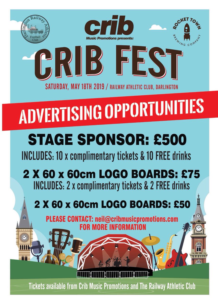 If any business would like to advertise at Crib Fest please get in touch <a href="/TheNorthernEcho/">The Northern Echo</a> @DarloBiz @WhatsOnDarlo <a href="/DarloMusic/">#DarloMusic</a> <a href="/AboutDarlington/">About Darlington</a> <a href="/darlobynight/">Darlington By Night</a> <a href="/Creative_Dton/">Creative Darlington</a> <a href="/NorthEastTweets/">North East Tweets</a>