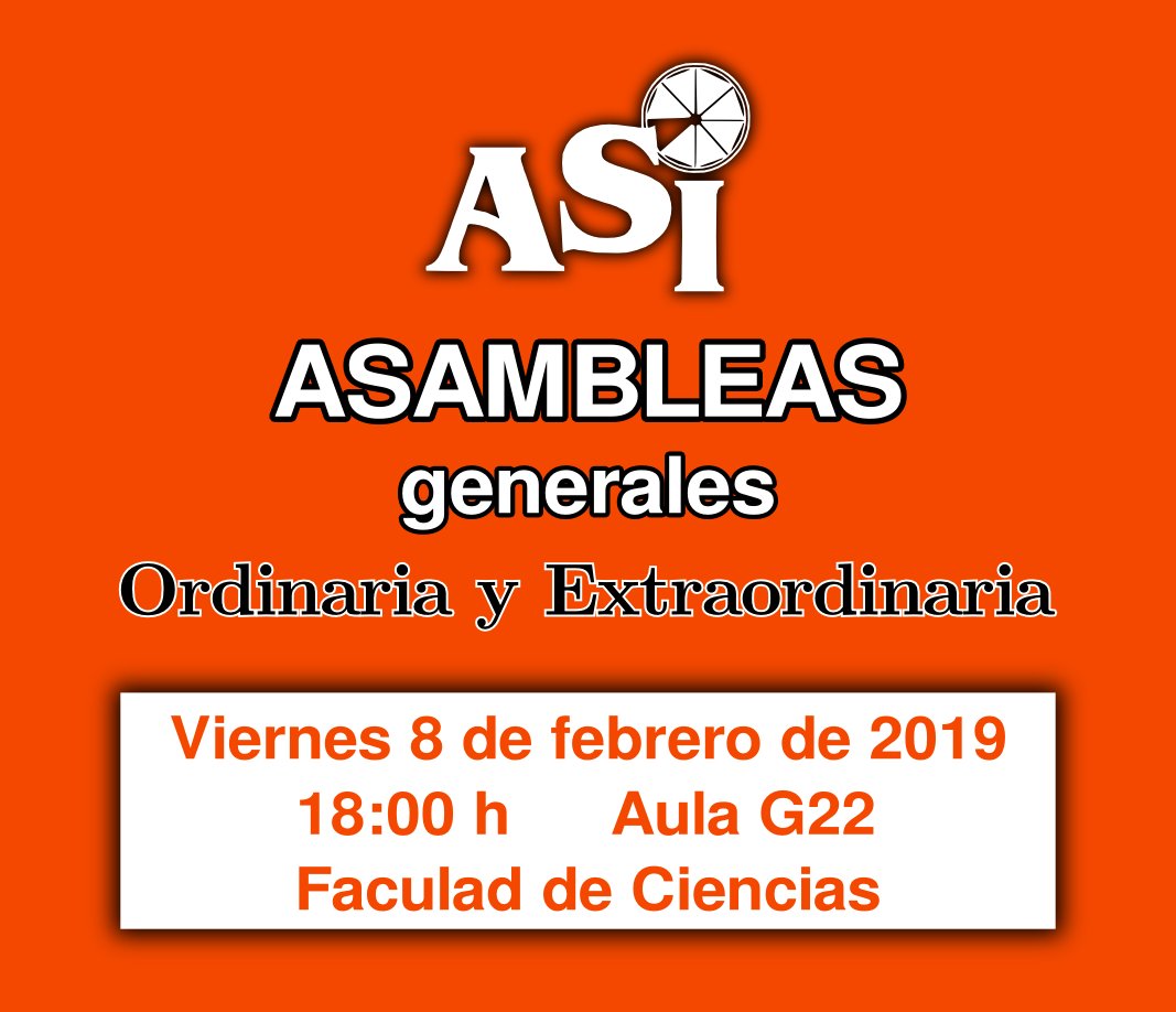 Próximo viernes 8 de febrero celebramos las Asambleas Generales Ordinaria y Extraordinaria de <a href="/ASIGranada/">ASI-Granada</a>. Nos vemos a las 18:00h en el aula G22 de la Facultad  de Ciencias de la Universidad de Granada.