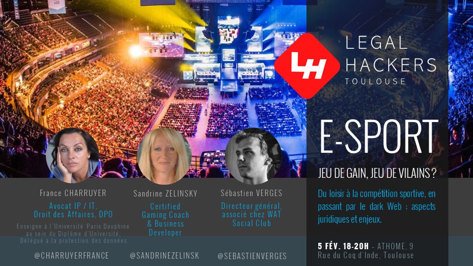 Conference eSport - Du loisir a la compétition sportive, jeu de gain, jeu de vilains ? Le 5 février 18h meetu.ps/e/GhzZc/nlsnq/f

<a href="/FrenchTech_Tlse/">La French Tech Toulouse</a> #legalhack #womenintech 
<a href="/SebastienVerges/">Sébastien - Netsky</a> <a href="/charruyerfrance/">Maître France Charruyer</a> <a href="/sandrinezelinsk/">sandrine zelinsky</a> <a href="/Lexigone_/">Lexigone</a> @theWSCgroup <a href="/cgiorgi/">Cédric Giorgi</a> @mfiny_com <a href="/LegalHackers/">Legal Hackers</a>