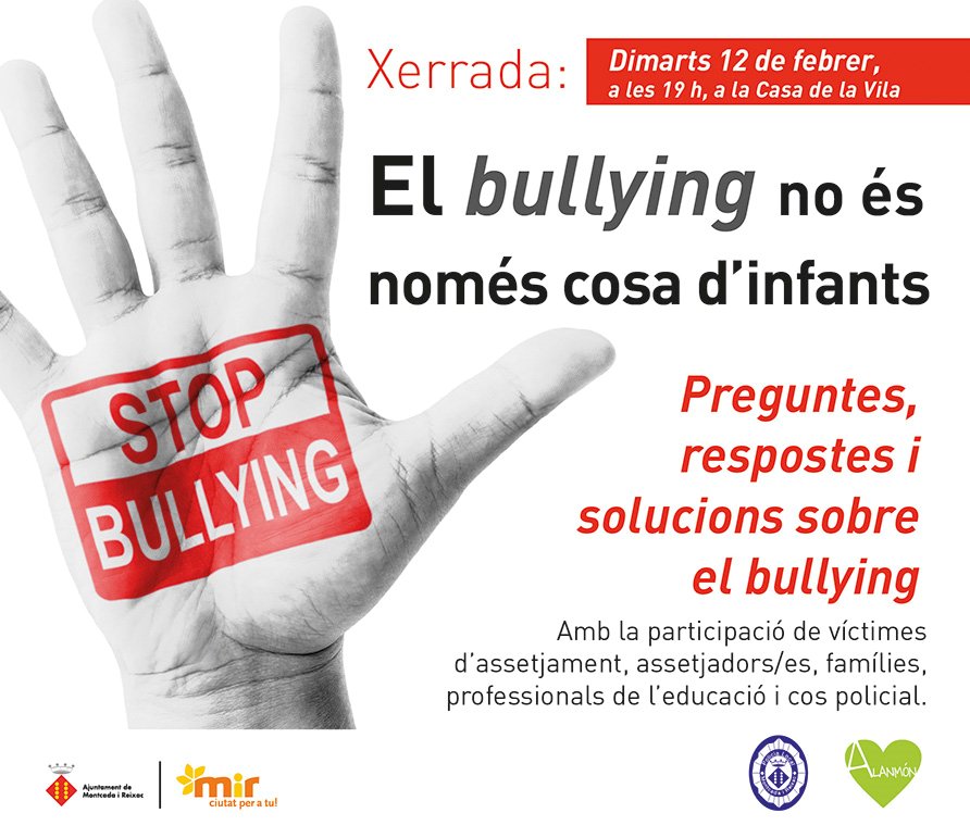 AjMontcada's tweet photo. 'El #bullying no és només cosa d'infants'. La xerrada serà el 12 de febrer, a les 19 h, a la Casa de la Vila de #Montcada, amb @PAB_AlanMon, víctimes d'assetjament, assetjadors, famílies, professionals de l'educació i la @Policia_MiR. 👉https://t.co/xZ463txaiR #noalbullying https://t.co/ILelPRft6Q