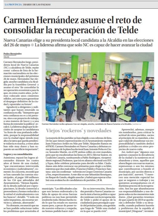 DiegojedaNC's tweet photo. La presidenta de .@NCTelde es la candidata que @Nueva_Canarias presenta nuestra organización a las elecciones municipales del próximo 26 de mayo.
@CarmenHdezNC vuelve a liderar #NCTelde con el reto de consolidar la recuperación económica de #Telde.
@RomanRodWeb @celeste_1973 https://t.co/5BamVkHFSv