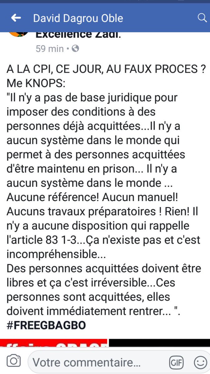 dominiquegbagb2's tweet photo. Me KNOPS: @IntlCrimCourt
#CPI "Il n'y a pas de base juridique pour imposer des conditions à des personnes déjà acquittées..Il n'y a aucun système dans le monde qui permet à des personnes #acquittées d'être #maintenu en #détention .Il n'y a aucun système dans le monde #FREEGBAGBO https://t.co/AWIwh3wMAk