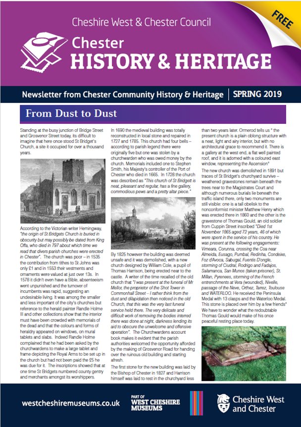 The Chester History and Heritage Spring 2019 newsletter has arrived!

We do have some printed copies here at the History Hub @ the #GrosvenorMuseum - pop in and pick one up!

cwac.co/otzCe