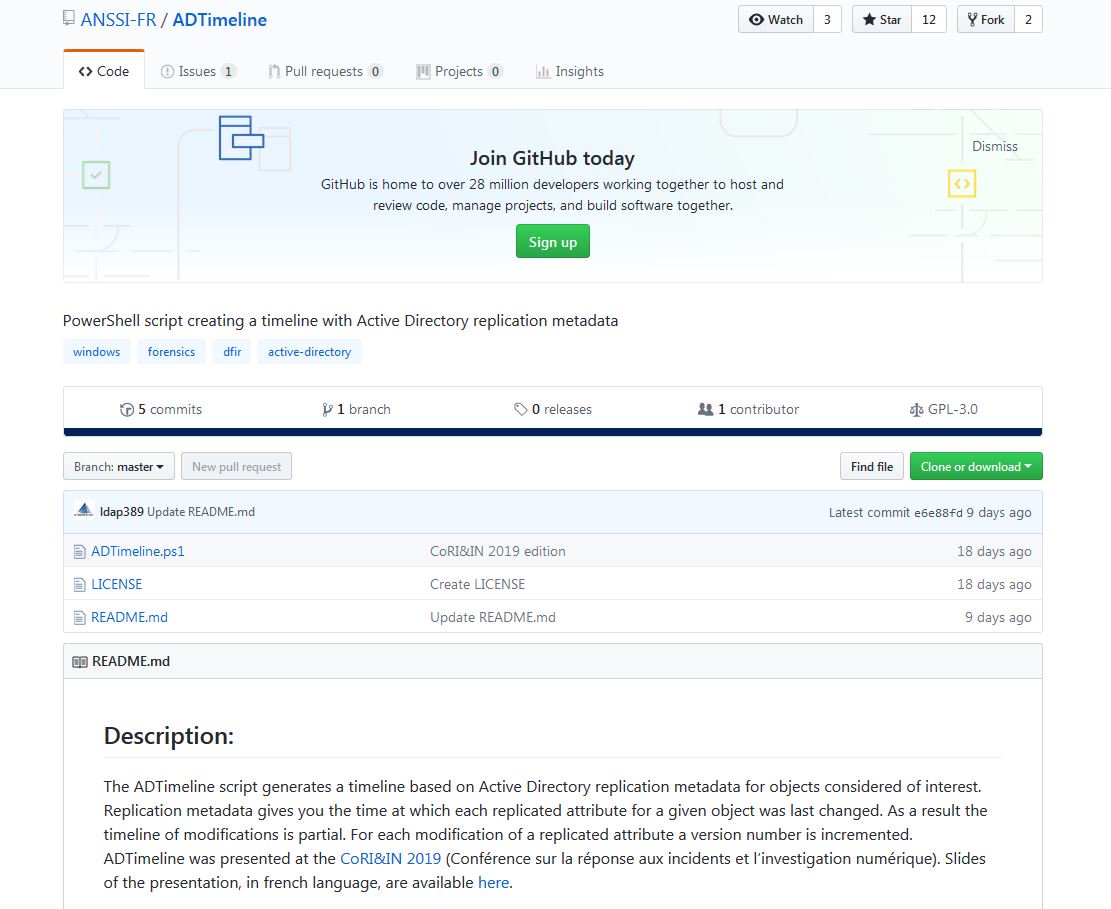 #VendrediLecture L'outil d’analyse forensique "ADTimeline" récupère les métadonnées de réplication d’objets d’intérêt dans l’annuaire Active Directory et dresse une chronologie des modifications - Il était présenté à la #coriin2019 
🔎 github.com/ANSSI-FR/ADTim…