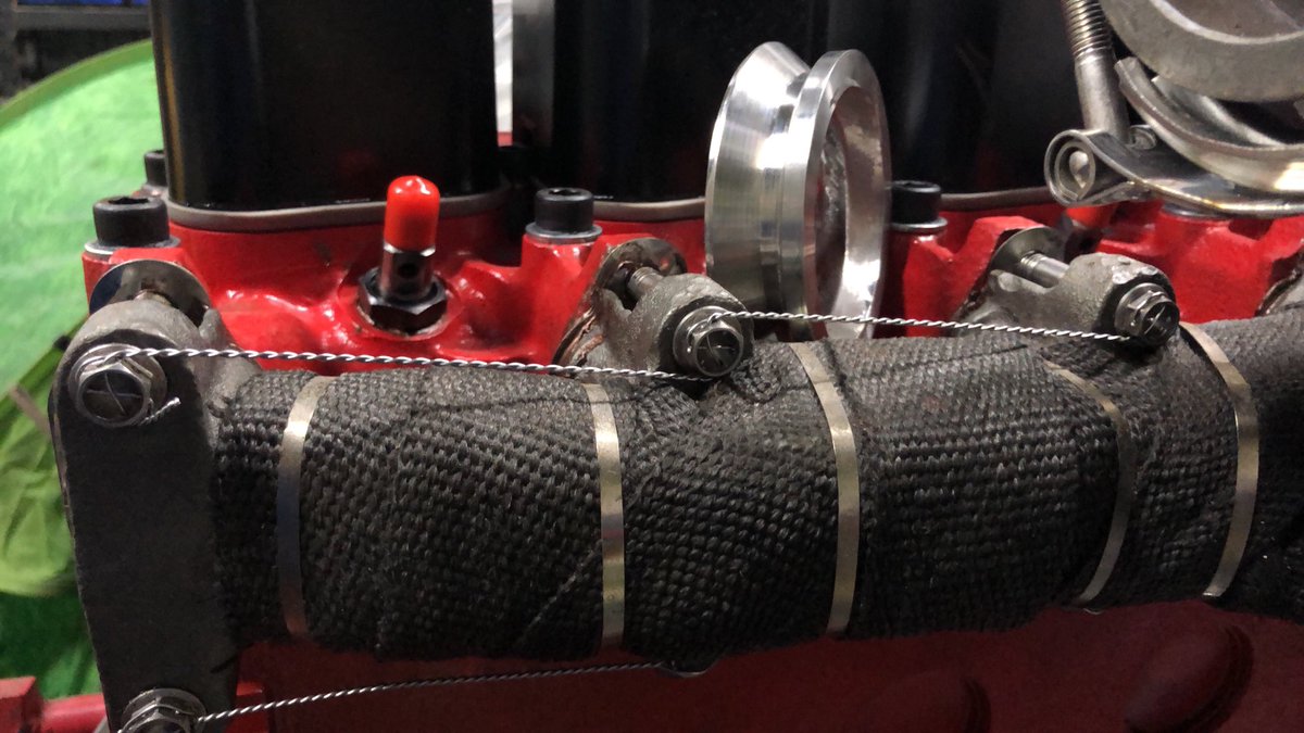 MBDesignAndFab's tweet photo. Lockwiring on the stainless manifold bolts from ⁦@Racebolt⁩ holding on the heat wrapped exhaust manifold #overkill #cummins #stainlesssteel #wrapped #thermodynamics https://t.co/5WGuRYv29o