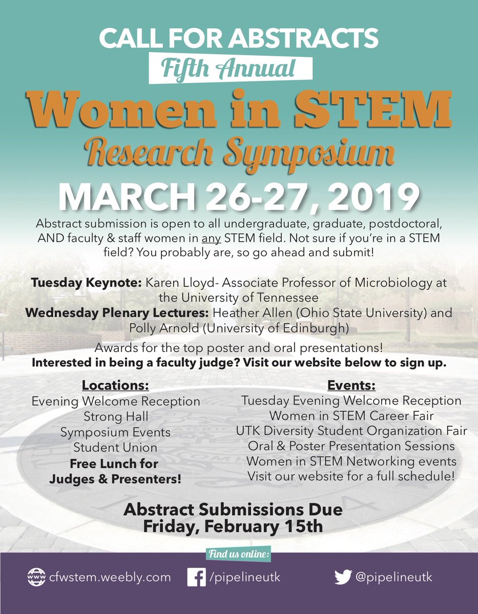 pipelineutk's tweet image. Share your science at the Women in STEM Research Symposium! Go to cfwstem.weebly.com and click the Symposium tab to submit your abstracts! The deadline is approaching fast! 😱 @UTKnoxville @ArtsSciencesUT #WomenInSTEM #womeninscience