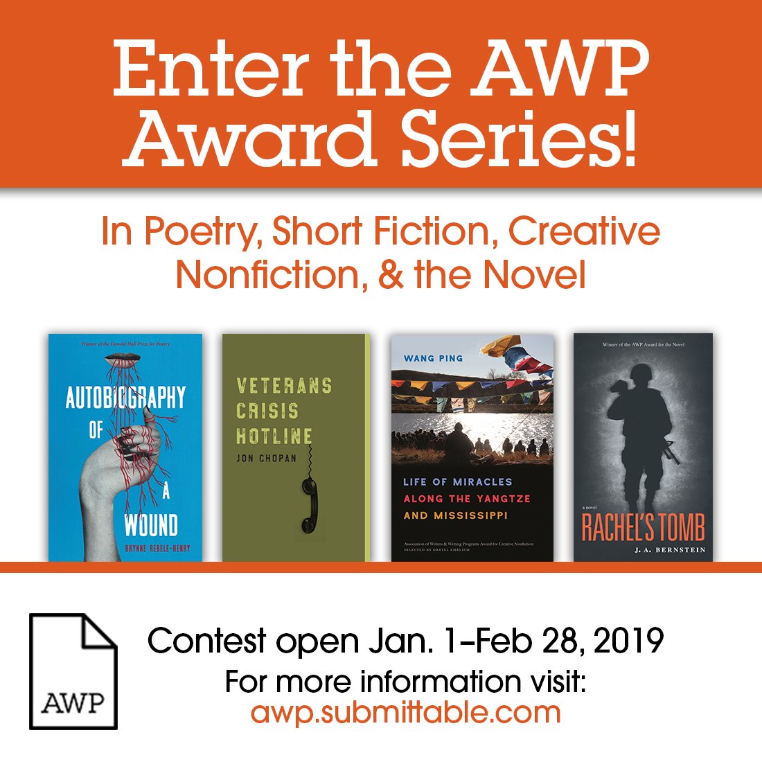 awpwriter's tweet photo. Have you sent work for the AWP Award Series? Submit your book-length short fiction, poetry, creative nonfiction, and novels. Winners receive $$$ &amp; publication by @UGAPress, @UPittPress, @RedHenPress, or @NewIssuesPress. Deadline 2/28. For more info, visit: https://t.co/h3N1FntBKl https://t.co/EW3u9Rhxhj