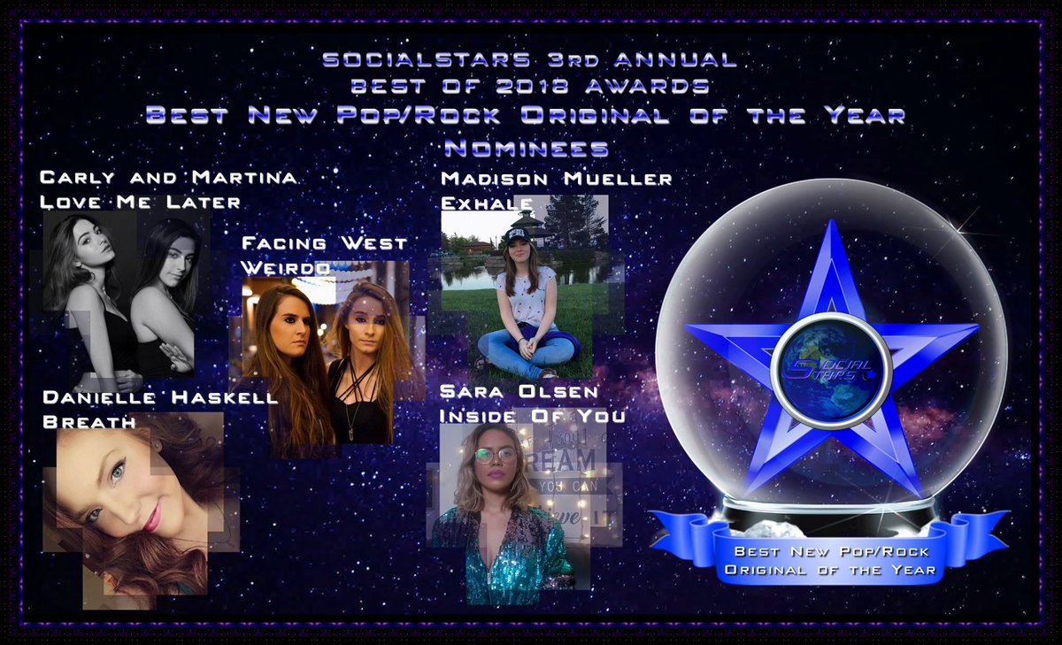social_stars's tweet photo. Nominees in #SocialStars 3rd Annual #Bestof2018Awards for "Best Pop/Rock Original of the Year" include @carlyandmartina @DanielleVHaskel @facingwestmusic @_maddiemueller_ and @itsSaraOlsen #GetInvolved #SupportIndieArtists #VoteFeb4th https://t.co/BKogz3YmR0