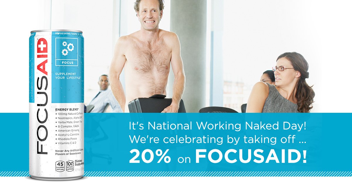 It's National Working Naked Day, so we're guessing you may be having trouble focusing. To help, we’re taking 20% OFF all FOCUSAID! Now you can get through the workday with  improved focus and the clean energy you need. Shop now &amp; take it all off - 20% OFF! bit.ly/WorkNakedDay