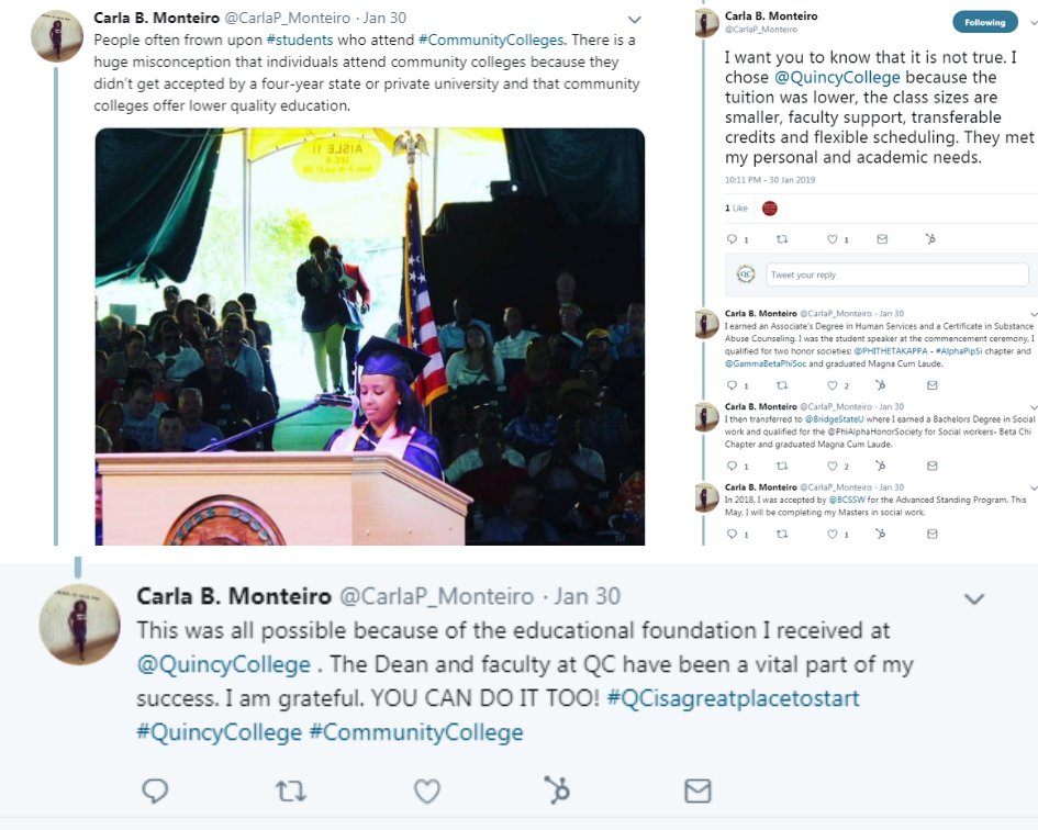 QuincyCollege's tweet photo. Happy Friday, QC Community! Need a little motivation to keep on striving for your goals? QC Alumna Carla who recently received the @NASWMA Future of Social Work Award has some words of wisdom & inspiration as she reflects on the value of her Quincy College education. https://t.co/63nkApeO8y