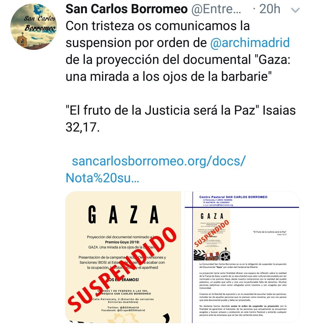 Por presiones de #Israel ,el Arzobispado de Madrid prohibe la proyección de @GAZAdocumental , (nominado para los #Goya2019 ) en la parroquia <a href="/EntreBorromeos/">San Carlos Borromeo</a> de Entrevías (Vallecas)

Lo que <a href="/archimadrid/">Archidiócesis de Madrid</a> NO quiere que veas, lo encontrarás 
en esta link👇  
youtu.be/76tCNtbMZC0