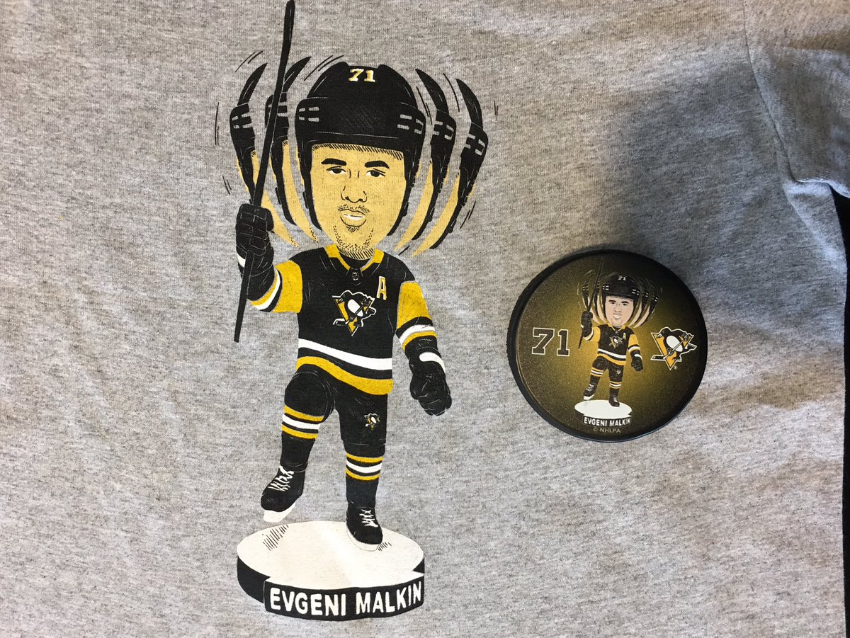 PensGear's tweet photo. Visit our Arena location or a novelty stand at tonight’s game and purchase BOTH the Malkin and Crosby bobble tees for $15! #2for15 #deal https://t.co/PqNcXoLNuR