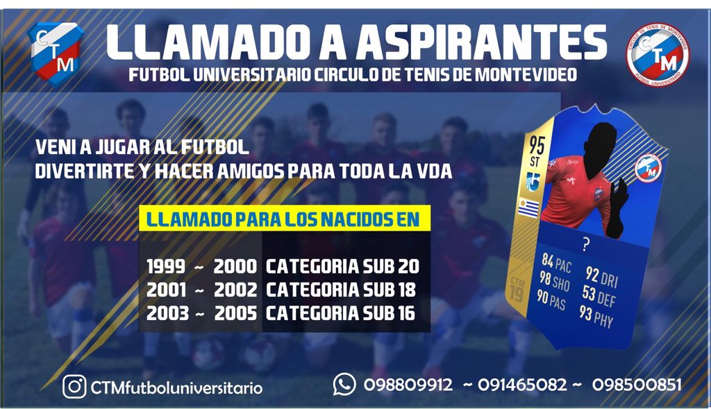Estudias? Te gusta el Futbol? 
Naciste entre 1999 y 2005? 
TE ESTAMOS BUSCANDO! 
Llamado a aspirantes para nuestras juveniles de <a href="/LUD_Oficial/">Liga Universitaria de Deportes</a> ! 
Sumate a #LaRoja !!