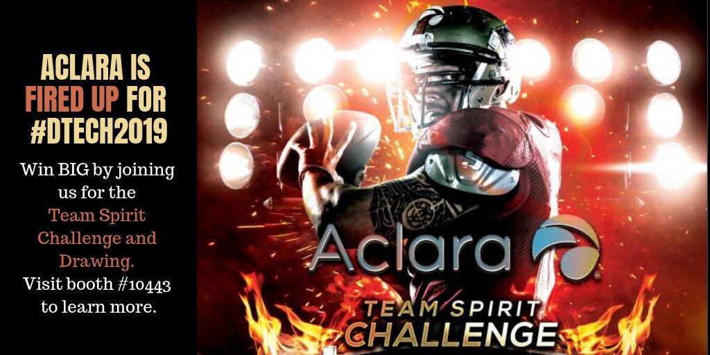 AclaraSolutions's tweet photo. Bring your team to booth 10443 for the Team Spirit Challenge during #DTECH2019 to win big! Check your attendee bag for details. https://t.co/jWC0oCcBW1
