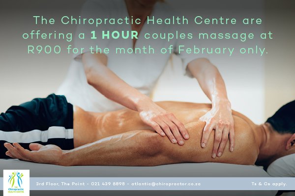 Give the gift of relaxation and get it in return with The Chiropractic Health Centre this February.

#Chiropractor #couple #massage #promotion #february #relaxaed #thepoint #seapoint #CapeTown #southafrica