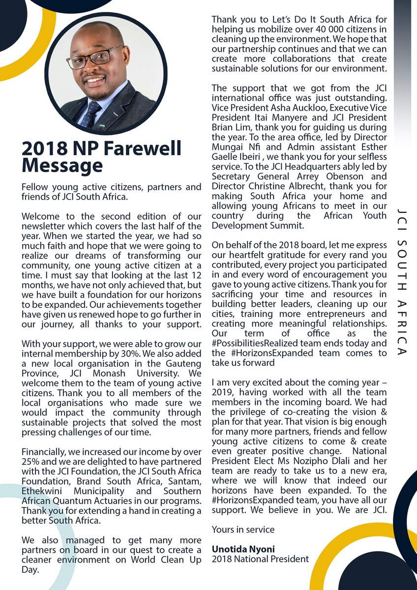 JCISouthAfrica's tweet photo. Dear all,
We are pleased & filled with gratitude as we bring you our 2018 YearEnd Newsletter.
We are thankful to YOU to have shared it with usβ€
#JCISA #JCI #JCISOUTHAFRICA
#InspiringImpact
#HorizonsExpanded
#AccelaratingTheNextGenerationOfYoungInfluencialLeaders
#IAmAfrica https://t.co/KPJ2vX44xI