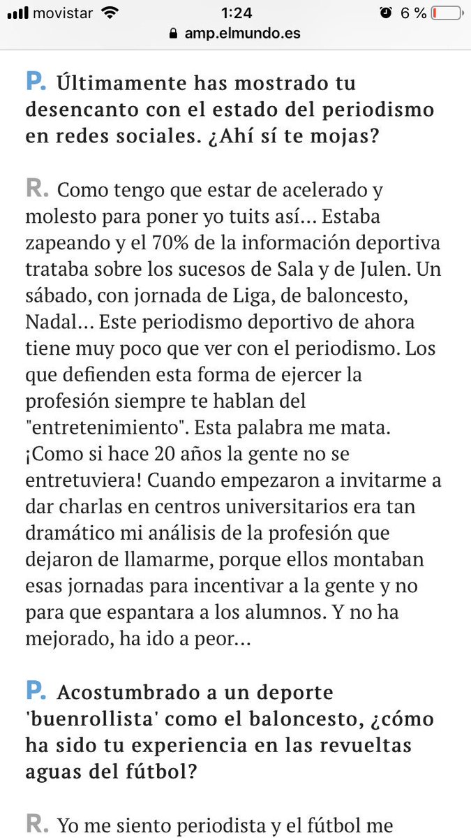 Muy interesantes estas reflexiones de Antoni Daimiel (<a href="/ADaimiel/">Ántoni Daimiel</a>) sobre el periodismo deportivo. Entrevista en El Mundo.