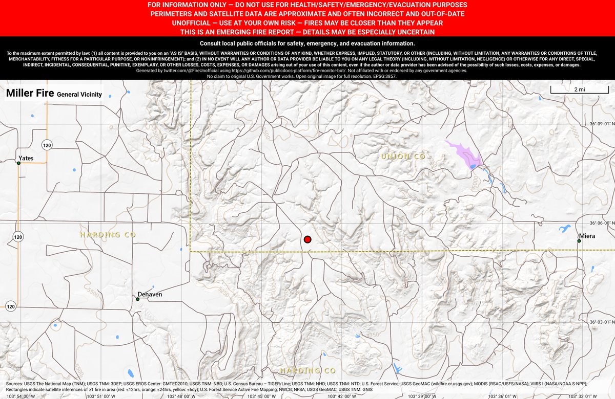SWFireBot's tweet image. #MillerFire 🔥 discovered Feb 1, 2019, 2:49 PM UTC - unofficial report.
#UnionCounty Cimarron District; ~25mi NNE of Mosquero, NM. ~99mi W of Dumas, TX. See officials for safety info. May be incorrect; disclaimers in images.