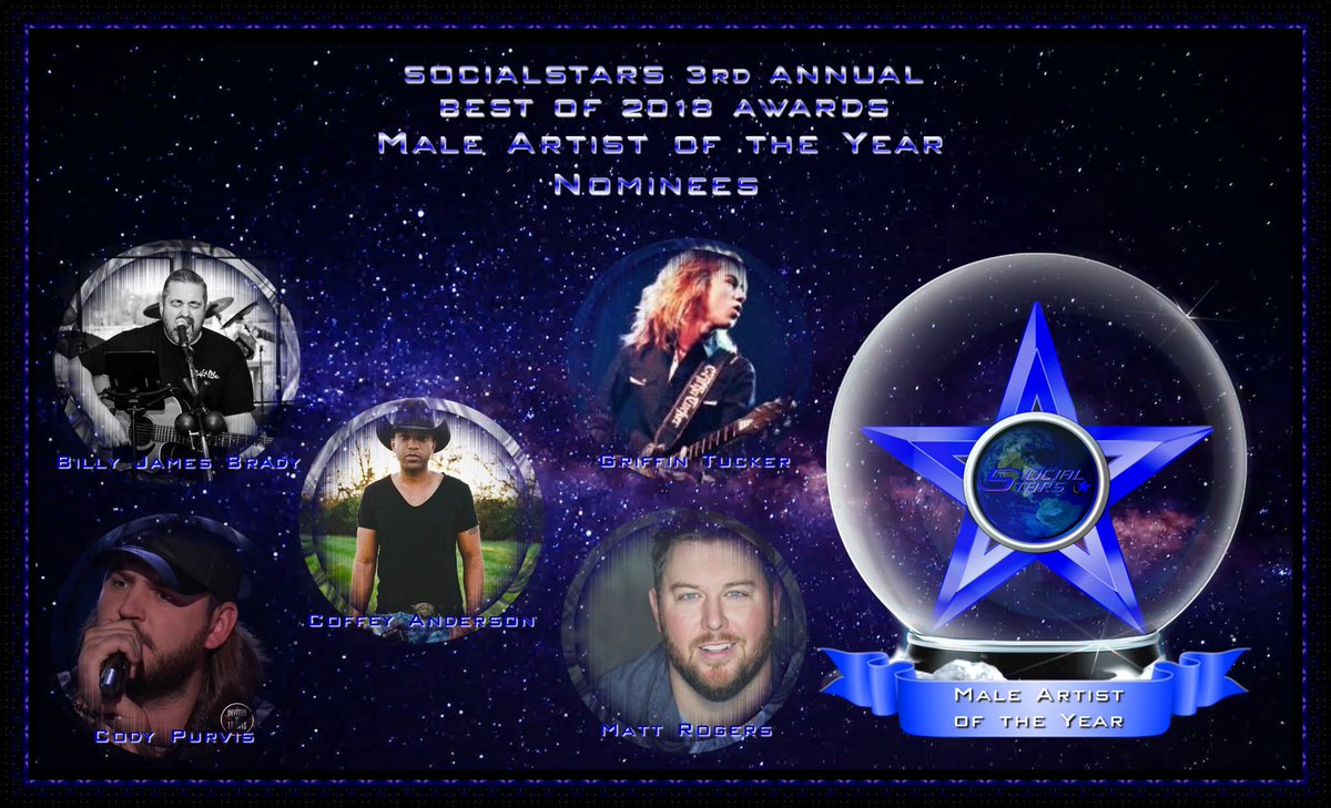 social_stars's tweet photo. Next Category in #SocialStars 3rd Annual #Bestof2018Awards is "Male Artist of the Year" Nominees include @DRBILLBRADYDC @CodyPurvisMusic @CoffeyAnderson @gktrocks and @mrogerscountry Congrats on being the Top 5 in Round 2 #GetInvolved #SupportIndieArtists https://t.co/pOb3EHpsld