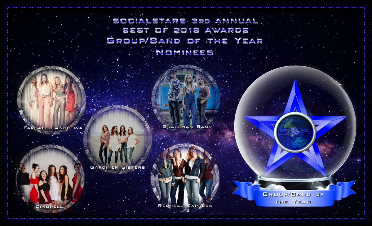 social_stars's tweet photo. Next Category in #SocialStars 3rd Annual #Bestof2018Awards is "Group/Band of the Year" Nominees include @Cimorelliband @farewellamusic @gardinersisters @AnnaGraceman Band and @RedheadXpress Congrats on making the Top 5 for Round 2 #GetInvolved #SupportIndieArtists https://t.co/LwtTVhzDZL