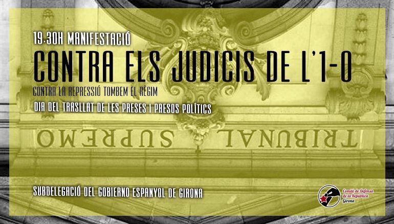 Contra les clavegueres de l'estat, només ens tenen a nosaltres!

👉 Omplim els carrers per assenyalar l'estat espanyol i el seu #JudiciFARSA.

📍Barcelona (Rambla Catalunya amb Diagonal)
🕖19h

📍Girona (Subdelegació govern)
🕖19:30h

📍Tarragona (Subdelegació govern)
🕖19:30h