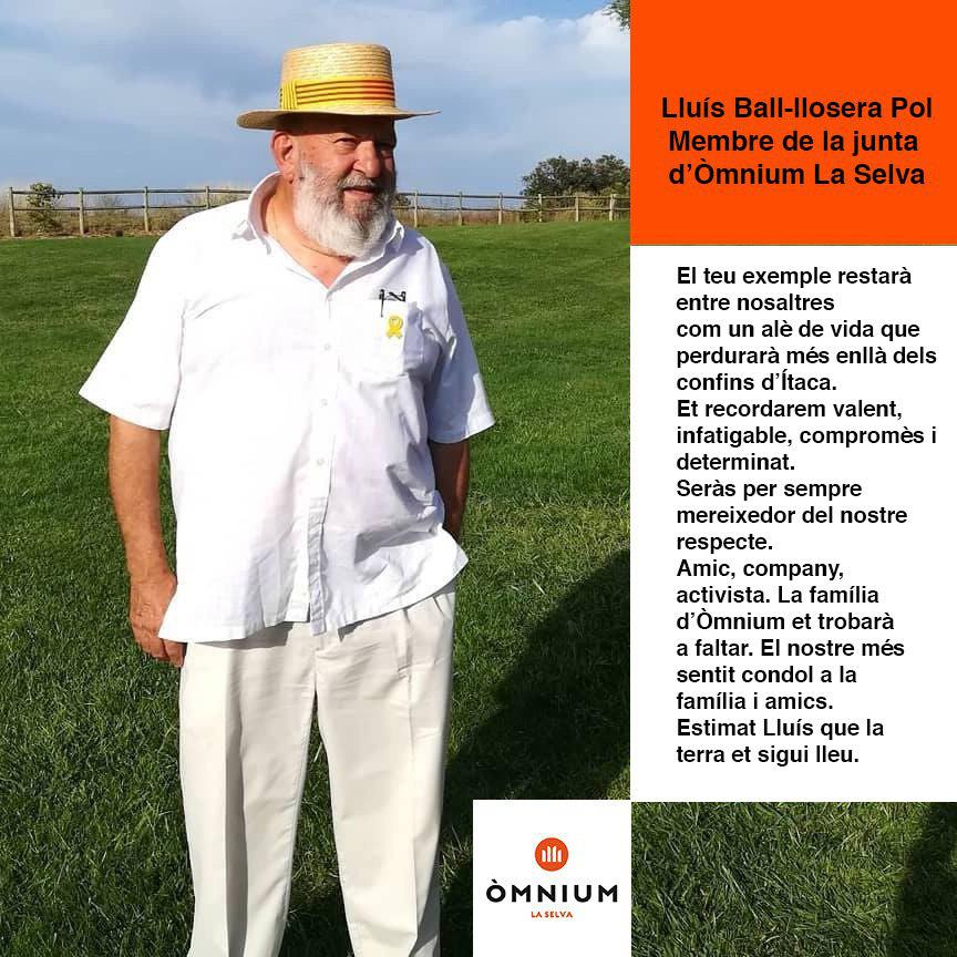 LaSega1640's tweet photo. Ens ha deixat el company Lluís Ball-llosera. El nostre condol als amics i familiars i als companys d'@omniumlaselva . Bon viatge per als guerrers
que al seu poble són fidels https://t.co/FU3auVXxab