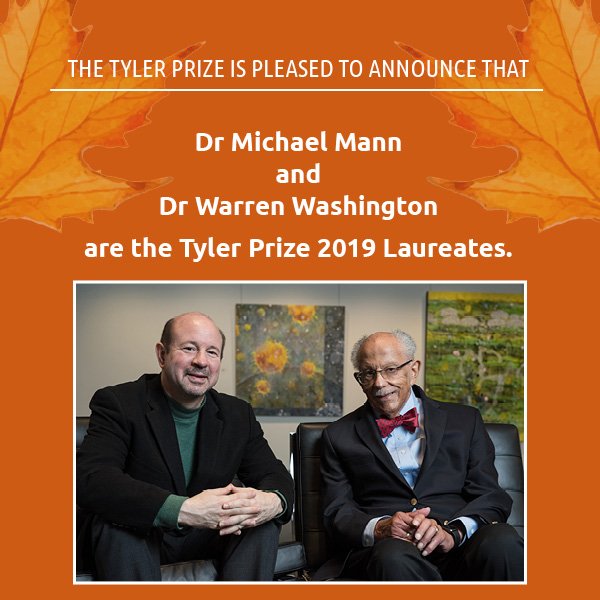 “The Tyler Prize Exec Committee is honored to recognize 2 outstanding scientists, Dr <a href="/MichaelEMann/">Prof Michael E. Mann</a> &amp; Dr Warren Washington, who have advanced our knowledge of Climate Change, &amp; demonstrated exceptional courage &amp; commitment to public policy.”
–<a href="/JMartonLefevre/">Julia Marton-Lefèvre</a>, Tyler Prize Chair