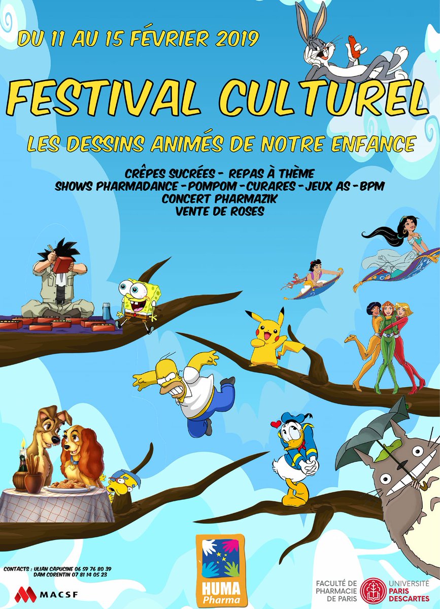 HumaPharma's tweet photo. Huma Pharma organise son traditionnel Festival Culturel du 11 au 15 février, avec pour thème : « Les Dessins Animés de notre enfance » ! Des activités et des repas à thématique culturelle vous seront proposés. L’ensemble des bénéfices récoltés permettra de financer nos maraudes. https://t.co/9qdaD4ycyZ