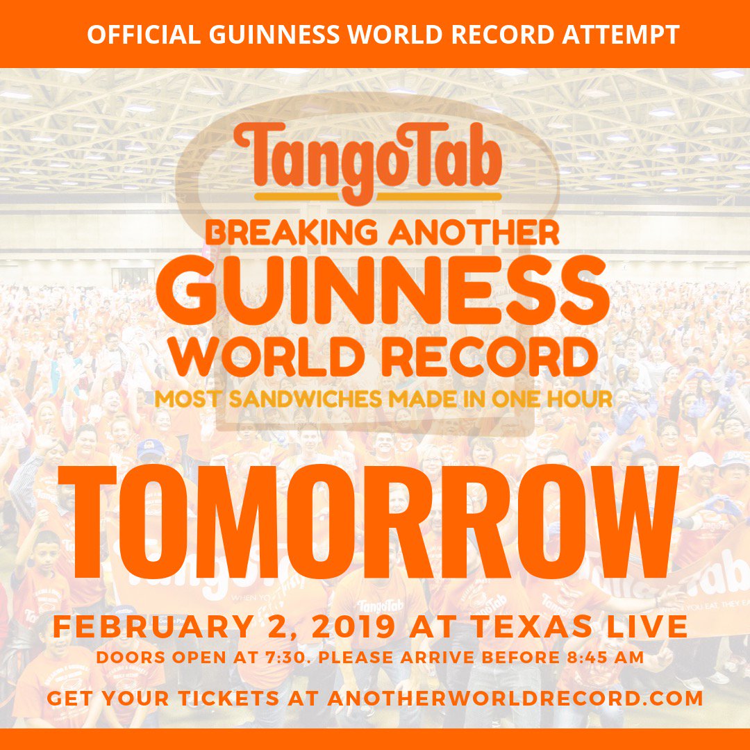 AndreAngel99's tweet image. TOMORROW IS THE BIG DAY!

Join us as we attempt to break the Guinness World Record for Most Sandwiches Made In One Hour. All sandwiches made will be going to food organizations around North Texas. Get your tickets today at AnotherWorldRecord.com. 

#TangoTab #WhenYouEatTheyEat