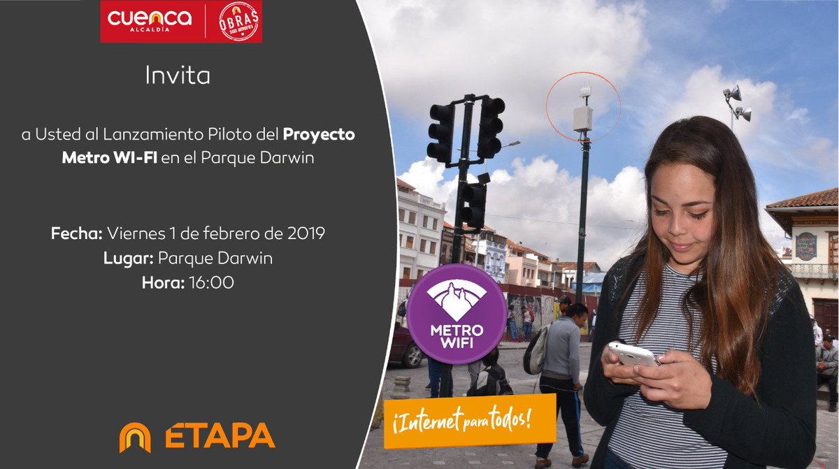 MunicipioCuenca's tweet photo. Hoy 16:00, te invitamos al lanzamiento Piloto del Proyecto Metro WI-FI en el Parque Darwin. 

Los esperamos.

@MarceloHCabrera 
#ObrasSonAmores https://t.co/1fLyVA8sr2