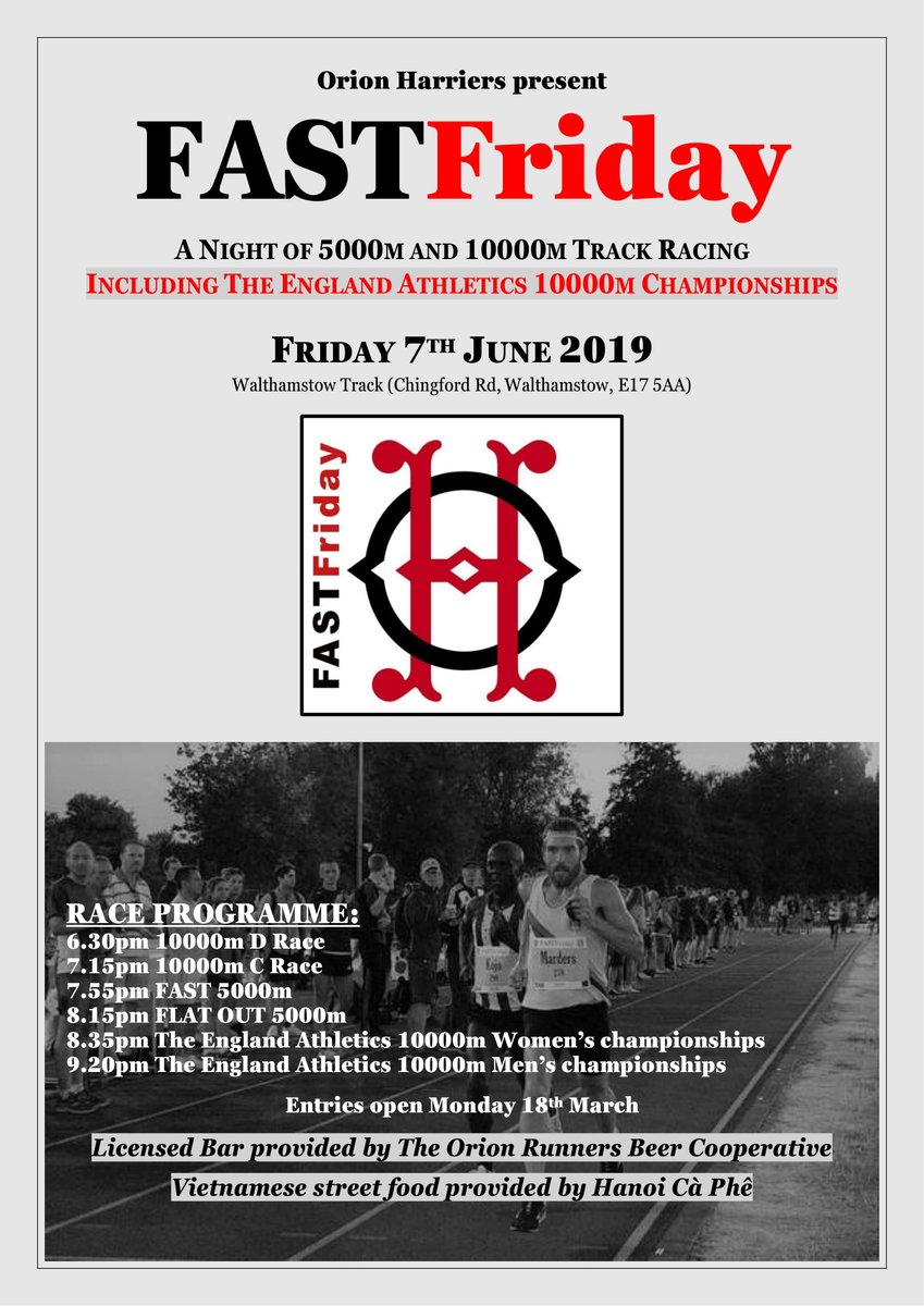In 2019 FASTFriday will be living the dream and hosting the <a href="/EnglandAthletic/">England Athletics</a> 10000m championships.
  Get yourself ready for an East End knees-up. Entries will open in Mid-March. 
  #FASTFriday #25laps #10000m #trackandfield #Walthamstow @Orion_Harriers
