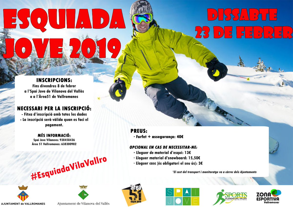 SpaiJove's tweet photo. Esquiada Jove 2019 | Dissabte 23 febrer La Molina | Inscripcions fins el 8 de febrer: https://t.co/Kctqwl2myM
#EsquiadaVilaVallro #SpaiJove #VilanovaDelVallès #Vallromanes https://t.co/0DYD0qIjwh