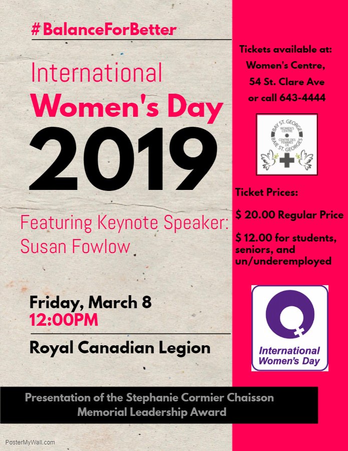 Tickets are on sale this coming Monday, February 4th for our annual International Women's Day Brunch. This year, the feature keynote speaker is Susan Fowlow. #BalanceforBetter <a href="/570VOCM/">VOCM - West Coast NL</a> <a href="/cbcnfldmorning/">CBC Newfoundland Morning</a> <a href="/1039KRock/">K-Rock 103.9 FM</a> <a href="/JohnMichaelFinn/">John Finn</a> <a href="/ScottReidLib_NL/">Scott Reid</a> <a href="/Gudie/">Gudie Hutchings</a> @WPO_GovNL <a href="/CYNSouthwestern/">CYN Southwestern</a>