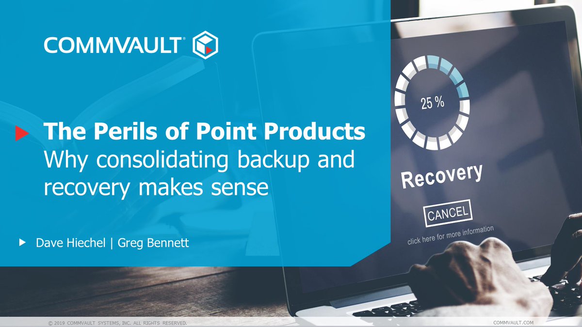 Commvault's tweet image. #IT environments are littered with point #Backupandrecovery products causing inefficiencies in time &amp;amp; cost.  In this on-demand #webinar we&apos;re joined  @techbyeagle CEO Dave Hiechel who highlights another way ow.ly/Xsr750kt4xf