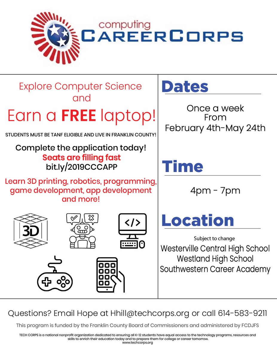 techcorpsus's tweet image. #ComputingCareerCorps- bit.ly/2019CCCAPP 
#TECHCORPS2PerScholas- bit.ly/TC2PC  
With #CCC, you can earn a free laptop! With #TC2PS, you can earn a job!
Apply today!