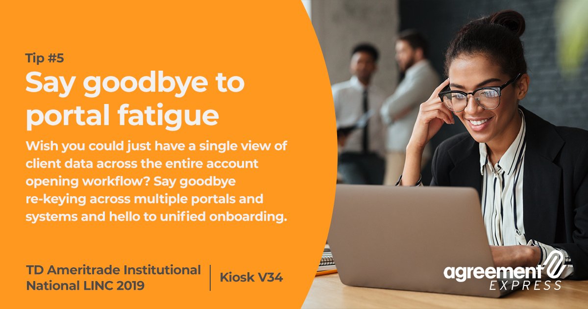 agreexp's tweet photo. Re-keying of client data across systems is costly, expensive, and can delay client applications. Ask us how you can unify client data - from client to asset custodian. https://t.co/R8UKnBKRBG #RIA #nationalLINC #onboarding #goodbyepaperwork https://t.co/IkDM7POh1m