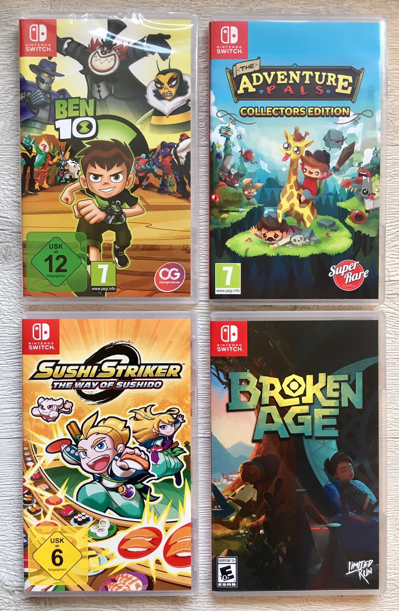 BennyKong64's tweet photo. Kicking off this little monthy series to celebrate my latest additions to the #NintendoSwitch physical collection in 01/2019:
#001 - Ben 10
#002 - The Adventure Pals
#003 - Sushi Striker
#004 - Broken Age
Total: #20
#SwitchCorps #Switchuary https://t.co/pC3uSXE0uz