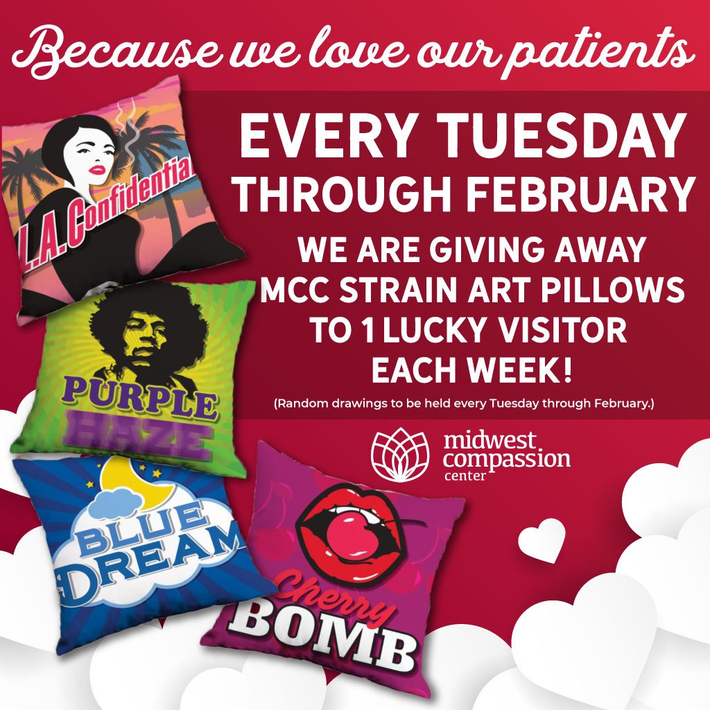 MCCDispensary's tweet photo. Because we love our Patients... Every Tuesday through February we are giving away #MCC Strain art pillows to 1 lucky visitor each week!  (random drawings to be held every Tuesday through Feb.) 
#midwestcompassioncenter #ilpatients #ilmmjpatients #bluedreamstrain #purplehazestrain https://t.co/efxftLFxPL
