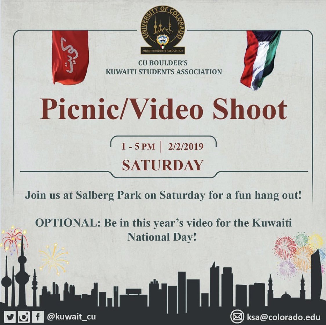 Join us for a picnic event this Saturday! We’ll have many activities like volleyball, football, card games and more! We will also be shooting a video for the Kuwaiti National Day so join us in showing our love for Kuwait!