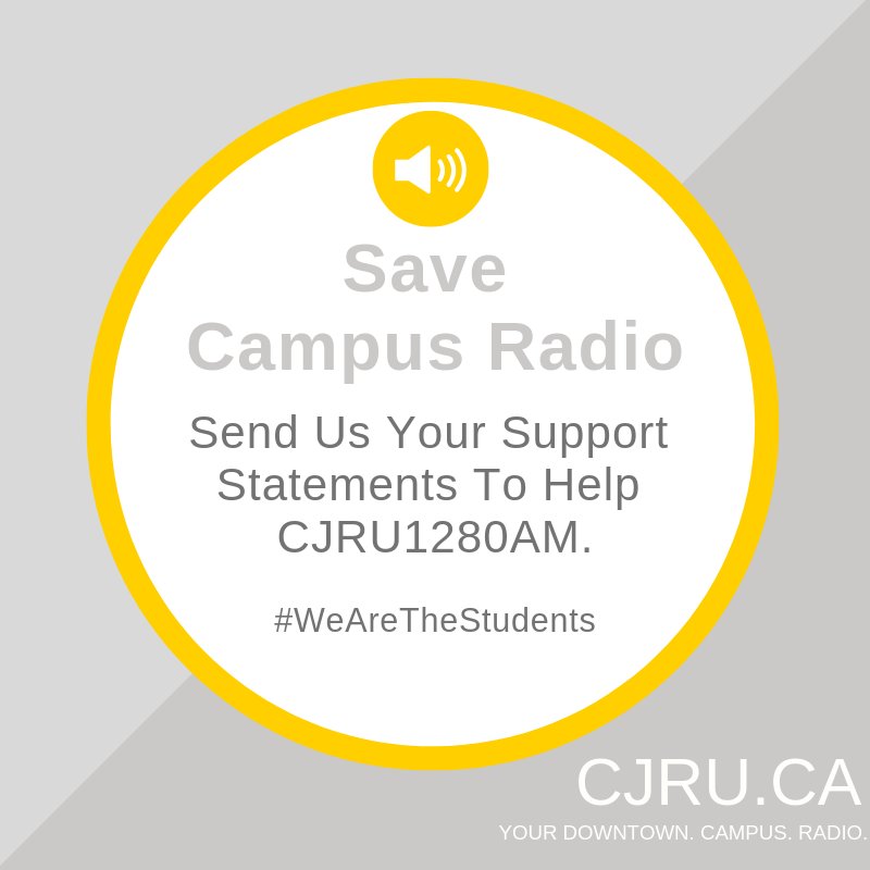CJRU1280AM relies and supports students and the recent tuition changes will make student services, like us, optional. Help us out by sending your support statement here: bit.ly/cjrusupportsta… Your voice matters. <a href="/RyersonU/">Ryerson University</a> #DefendCampusRadio #WeAreTheStudents #onpoli