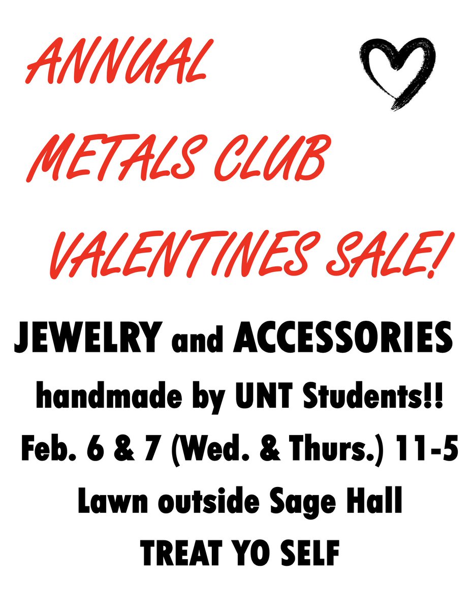 UNTCVAD's tweet photo. Mark your calendar for next Wednesday & Thursday (Feb 6-7) 'cuz it's time for the annual UNT Metals Club Valentines Sale! They'll be set up outside Sage Hall selling original, handmade jewelry and accessories. #UNTMetals #CVADmetals #CVADstudents #ValentinesDay #jewelry https://t.co/KG9ueknfZx