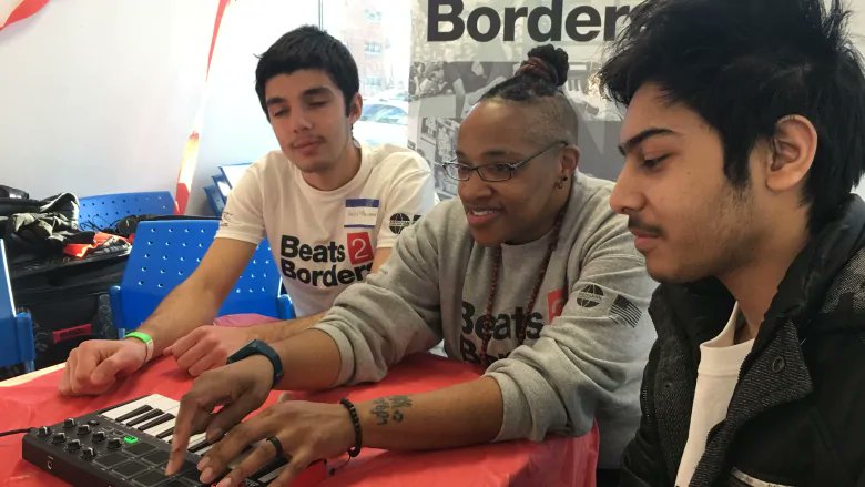 OrangeLLP's tweet photo. "Most of the kids taking part in the Windsor [Beats 2 Borders program] workshops come from Africa and the Middle East, and it's the first time they have either tried break dancing or beat making." https://t.co/8dGWwYtFbc #cdnimm #newcomerswelcome https://t.co/7p94yjn4bL